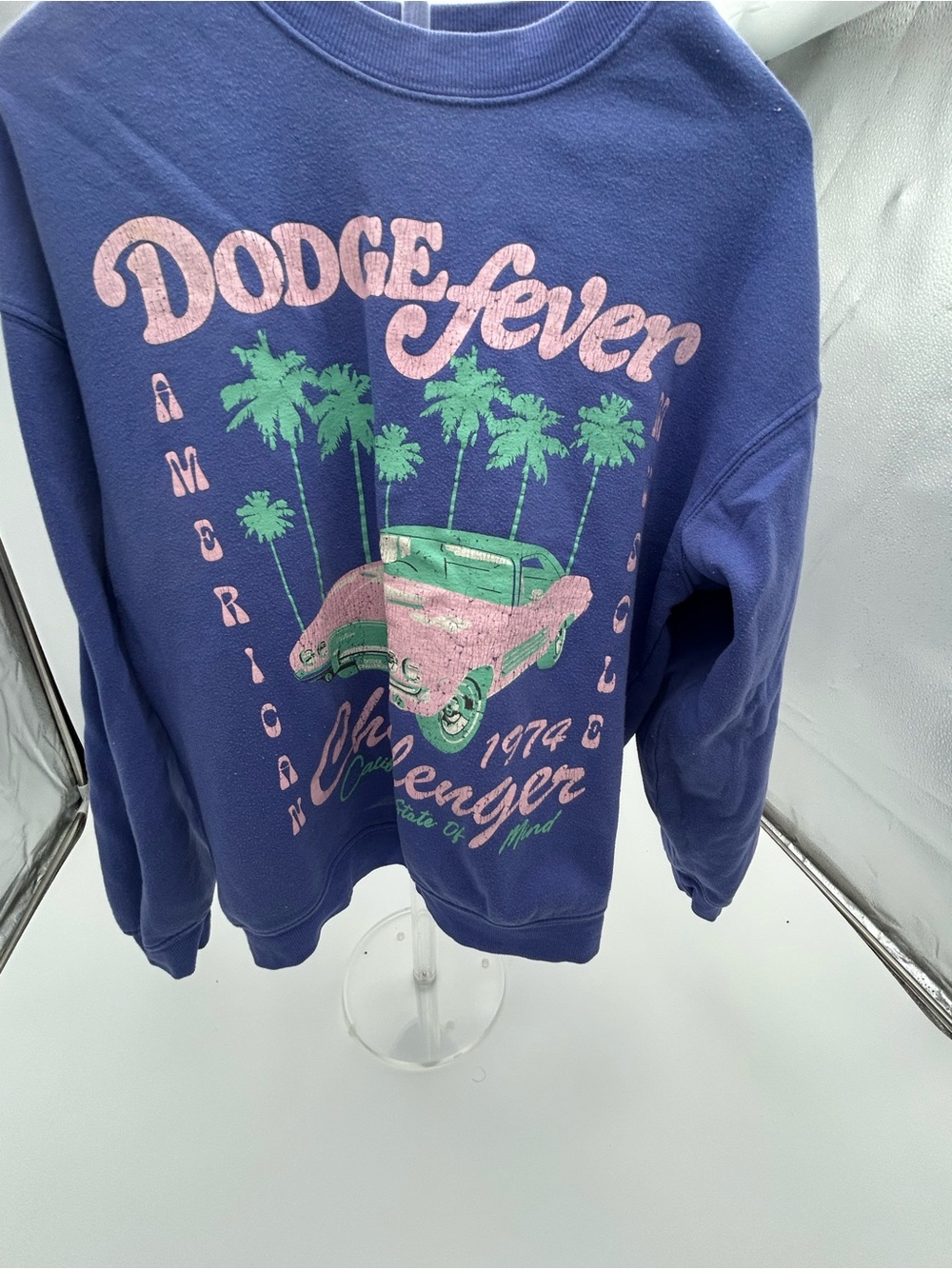 Vintage-Inspired Navy Crewneck Sweatshirt with Pink & Green Graphic